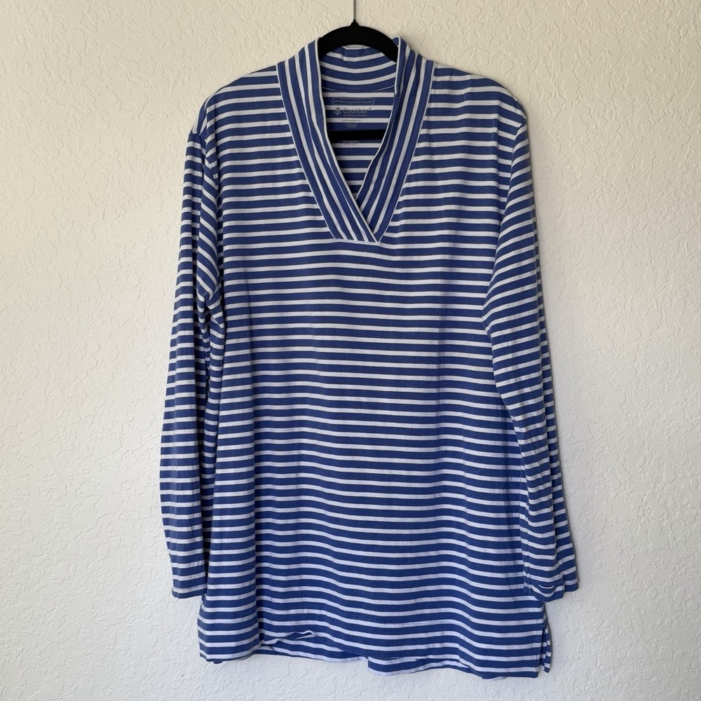 Coolibar Women's Long Sleeve UPF‎ 50+ Sun Protection Shirt XL Blue White Striped
